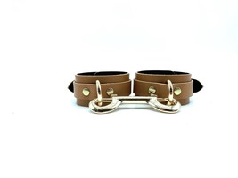 BDSM Light Brown Leather Mona Handcuffs with Gold Hardware, Wrist Cuffs ... - £62.93 GBP