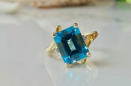 14 k Yellow Gold Plated Silver 3ct Emerald Cut Blue Topaz Simulated Diamond Ring - £72.78 GBP