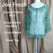 Joe Fresh Green &amp; Yellow Print Button Neck Sheer Top Size M - £11.01 GBP