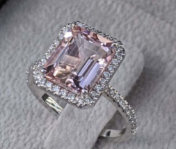 14K White Gold Plated 3CT Emerald Cut Lab-Created Morganite Halo Engagement Ring - £54.94 GBP