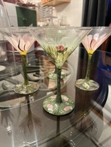 4 MARTINI GLASSES Hand Painted Pink Flowers Artist Signed SB ART GLASS - $38.35