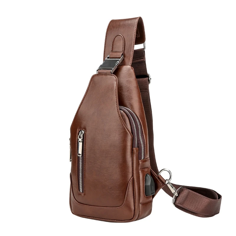 Leather Men Chest Bag Shoulder Bag USB Charging Bag Men&#39;s Chest Messenger Bag Bu - £21.23 GBP