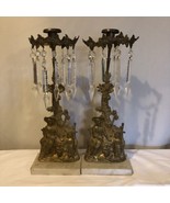 Set Antique Figural Victorian Girandole Candlesticks Marble Crystal Pris... - €253,02 EUR