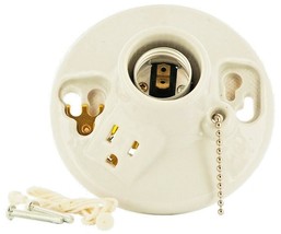 Porcelain ceramic LAMPHOLDER Medium Base w Outlet &amp; pULL Chain LEVITON 9... - $17.63