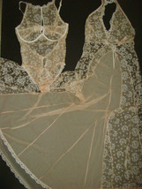 Victoria&#39;s Secret 36C Teddy Bodysuit+L Long Gown Dandelion Beige White Embroider - £159.39 GBP