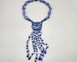 Sajen Lapis Blue Chalcedony Blue Pearl Beaded Bib Necklace Hand Carved S... - £30.60 GBP