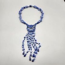 Sajen Lapis Blue Chalcedony Blue Pearl Beaded Bib Necklace Hand Carved Stone - £30.92 GBP