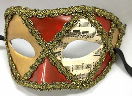 Dark Red Gold Music Masquerade Paper Mache Harlequin Mardi Gras Mask - £15.02 GBP