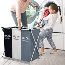 Sturdy Collapsible Laundry Hamper 135L Sorter with 3 Sections -White+Grey+Black - £24.90 GBP