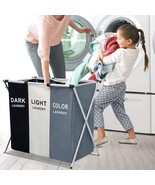 Sturdy Collapsible Laundry Hamper 135L Sorter with 3 Sections -White+Gre... - £24.50 GBP