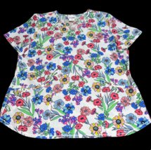 Scrubstar Size Large White Blue Purple Pink Flower Floral Scrub Shirt Top - £13.46 GBP