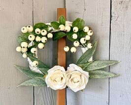 Hand-Painted Pine Cemetery Cross: Floral Grapevine Wreath Rose Grave Dec... - $26.00