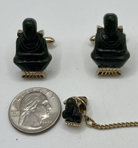 Vintage Jade Dynasty Swank Buddha Gold Tone Cufflinks 1&quot;x3/4&quot; - 3 Piece Set. - £22.90 GBP