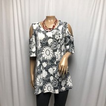 Shoreline Top Womens Small Medium Gray White Floral Cold Shoulder Stretchy Tunic - £13.16 GBP