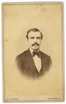 CIRCA 1880&#39;S Named CDV Handsome Man  Mustache Suit Bow Tie Stiles Tidioute PA - £9.54 GBP