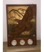 Vtg Weather Station Wall Barometer  Hygrometer Clock Wood Look Eagle Copper - $137.20