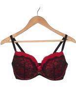 Adore Me Bra Padded Push Up Eyelash Lace Adjustable Strap Black Red 34DD - $27.06 CAD