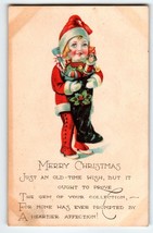 Christmas Postcard Child In Santa Hat Holds Stocking With Toys Vintage Antique - £7.58 GBP