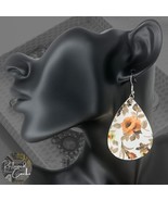 Womens White Peach Floral Faux Leather Teardrop Shaped French Hook Earrings - $10.98 CAD