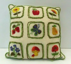 Vintage Hand Stitched Pillow Signed 1983 Flowers Fruit Butterfly Zipper ... - £14.00 GBP
