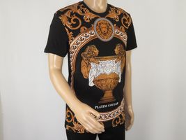 Mens PLATINI Sports Shirt With Rhine Stones Lion Medallion Chain SS3560 Black image 3