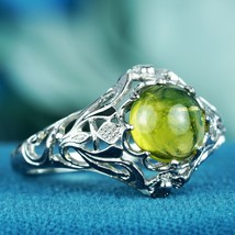 Natural Cabochon Peridot Vintage Style Filigree Ring in Solid 9K White Gold - £482.23 GBP