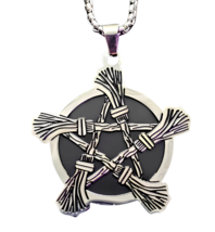Pentagram Broomstick Pendant Necklace 20&quot; Chain Steel Enamel Broom Wicca Pagan - £9.31 GBP