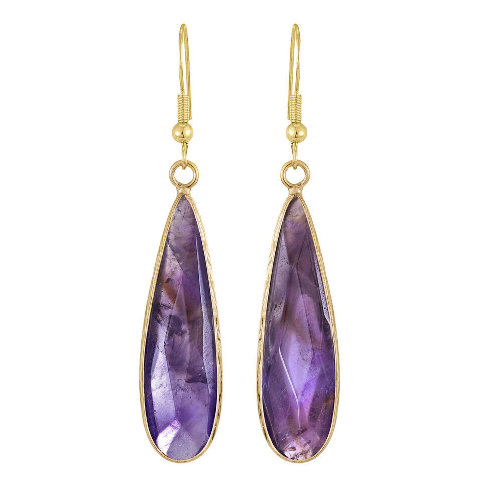 Unique Purple Amethyst Long Teardrops Gold-Plated Silver Dangle Earrings - $19.21