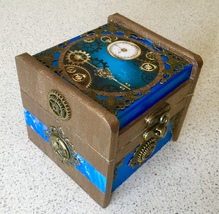 Blue and Bronze Steampunk Gears Style Wooden Trinket Box - $10.50