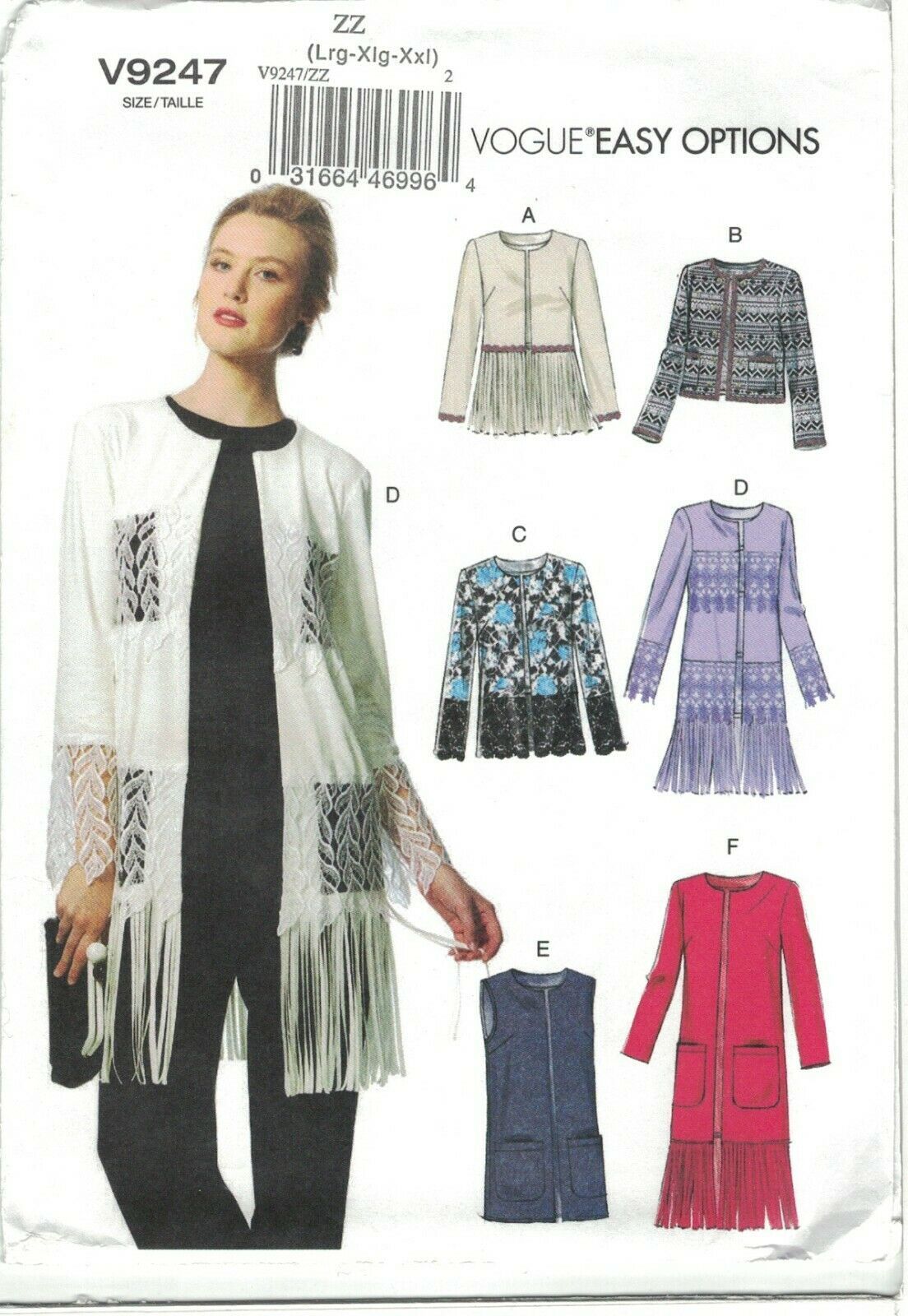 Vogue 9247 Boho Long Fringed Cardigan Jacket & Vest Pattern Choose Size Uncut - $10.55