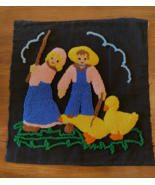 Finished Punch Needle Embroidery - Boy and Girl with Geese - on Suedette - €23,44 EUR