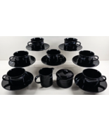 17 Pc Mikasa Opus Black Cup Saucer Creamer Sugar Bowl Lid Set Vintage Fl... - $78.87