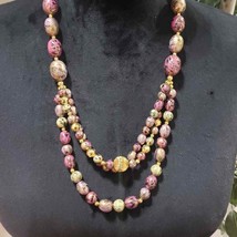 Womens Fashion Triple Strand Pink and Gold Color Stones Chunky Beaded Necklace - £24.03 GBP