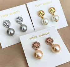 Tory Burch Crystal Logo Hanging Pearl Earrings, Wedding Gift,Gift For Her - $26.99