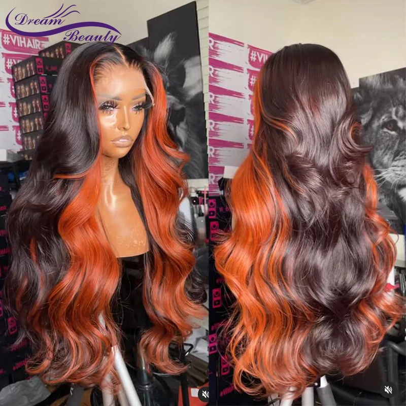 Ginger Highlight Body Wave Lace Front Human Hair Wigs 180 Remy Orange Gi... - $94.43+