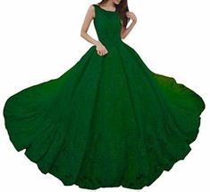 Bateau Ball Gown Wedding Dress with Court Train Lace Prom Dress Emerald Green 16 - £159.23 GBP