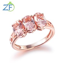 Genuine 925 Sterling Silver Ring for Women Oval 7*5mm Created Morganite Three Ge - £56.96 GBP