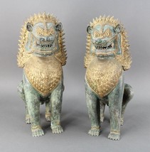 Thai Singha Temple Guardian Lions Foo Dogs Bronze Statue Sculpture Pair 16&quot; Tall - £705.60 GBP