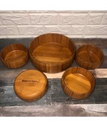 REAL KITCHEN Set of 5 Wood Wooden Salad Bowls Mid Century Style teak set - $95.45 CAD