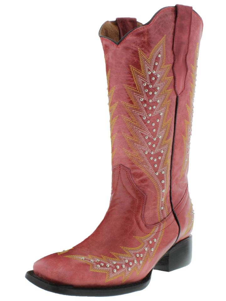 Womens Western Rodeo Boots Red Leather Silver Studded Square Size 5, 5.5... - $71.99