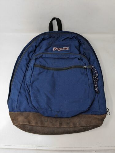 Primary image for Jansport Backpack Navy Blue Leather Bottom School Book Bag 90s made in USA