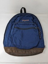 Jansport Backpack Navy Blue Leather Bottom School Book Bag 90s made in USA - £23.29 GBP