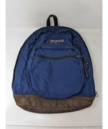 Jansport Backpack Navy Blue Leather Bottom School Book Bag 90s made in USA - £23.36 GBP