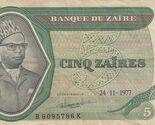 786 Ending Holy No, Zaire, 5 Zaires, Banque Du Zaire 1977 , MB Raro Año - $22.90