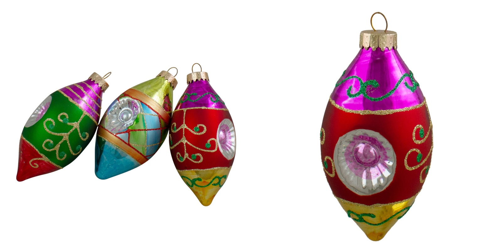 4.25" (100mm) 3ct Multi Color w Retro Reflectors Glass Finial Christmas Ornament