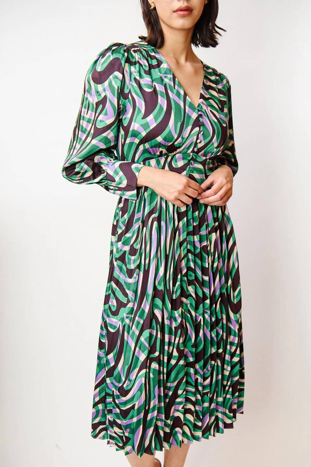Suncoo celya midi dress in Green/Purple Print