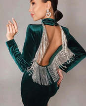 Sexy Backless Diamond Tassel Velvet Dress Women&#39;s Long Sleeve Bodycon Mini Club  - £50.25 GBP