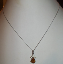 Vintage Citrine Color Rhinestone Pendant on 16&quot; Silver Tone Chain CROWN ... - £7.50 GBP