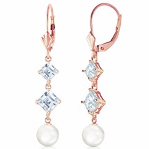 6.5 Carat 14K Rose Gold Chandelier Aquamarine/Pearl Elegant Gemstone Earrings - £370.38 GBP