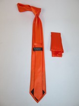 Mens Narrow Tie/Hankie Set Satin Silky Vito Rofolo VTR-93 Solid Orange image 2